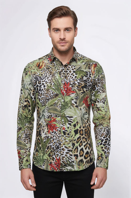 Tiger Patterned Slim Fit Long Sleeves Multicolor Men Shirt - Wessi