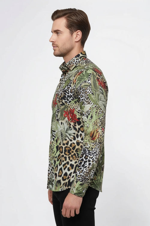 Tiger Patterned Slim Fit Long Sleeves Multicolor Men Shirt - Wessi