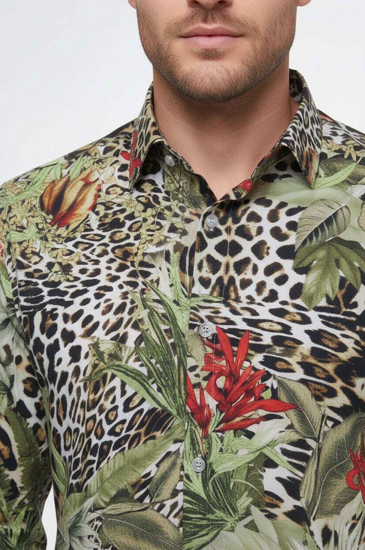 Tiger Patterned Slim Fit Long Sleeves Multicolor Men Shirt - Wessi