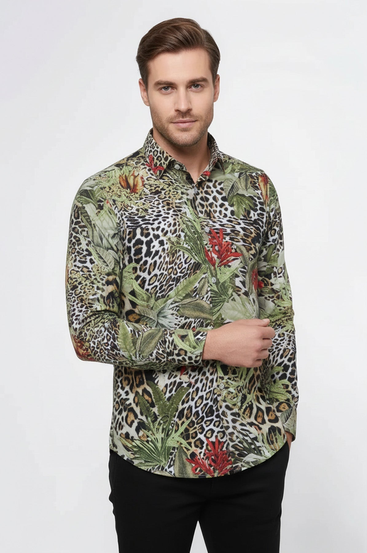 Tiger Patterned Slim Fit Long Sleeves Multicolor Men Shirt - Wessi