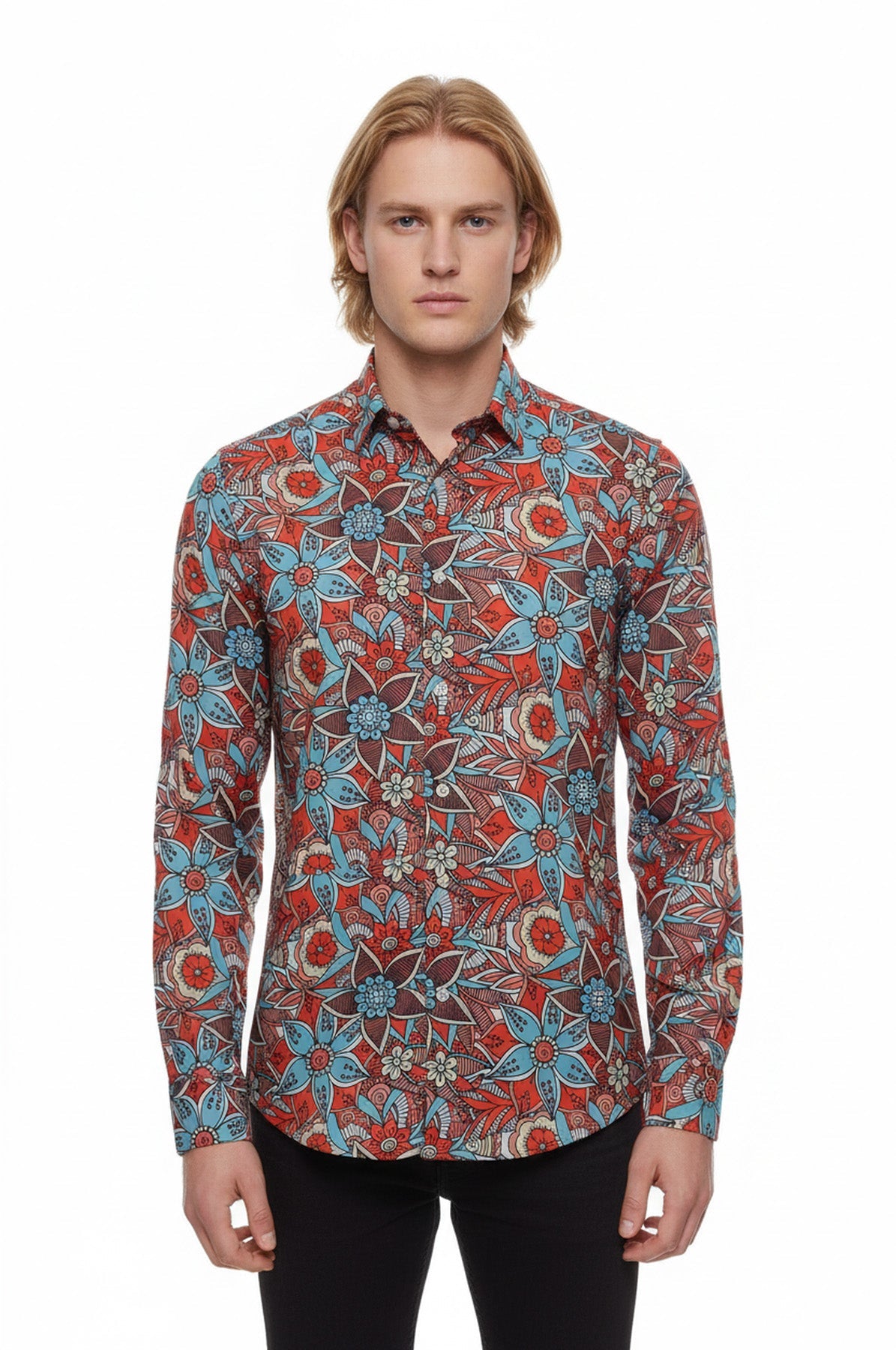 Blue Floral Slim-Fit Long Sleeve Red Men Shirt - Wessi