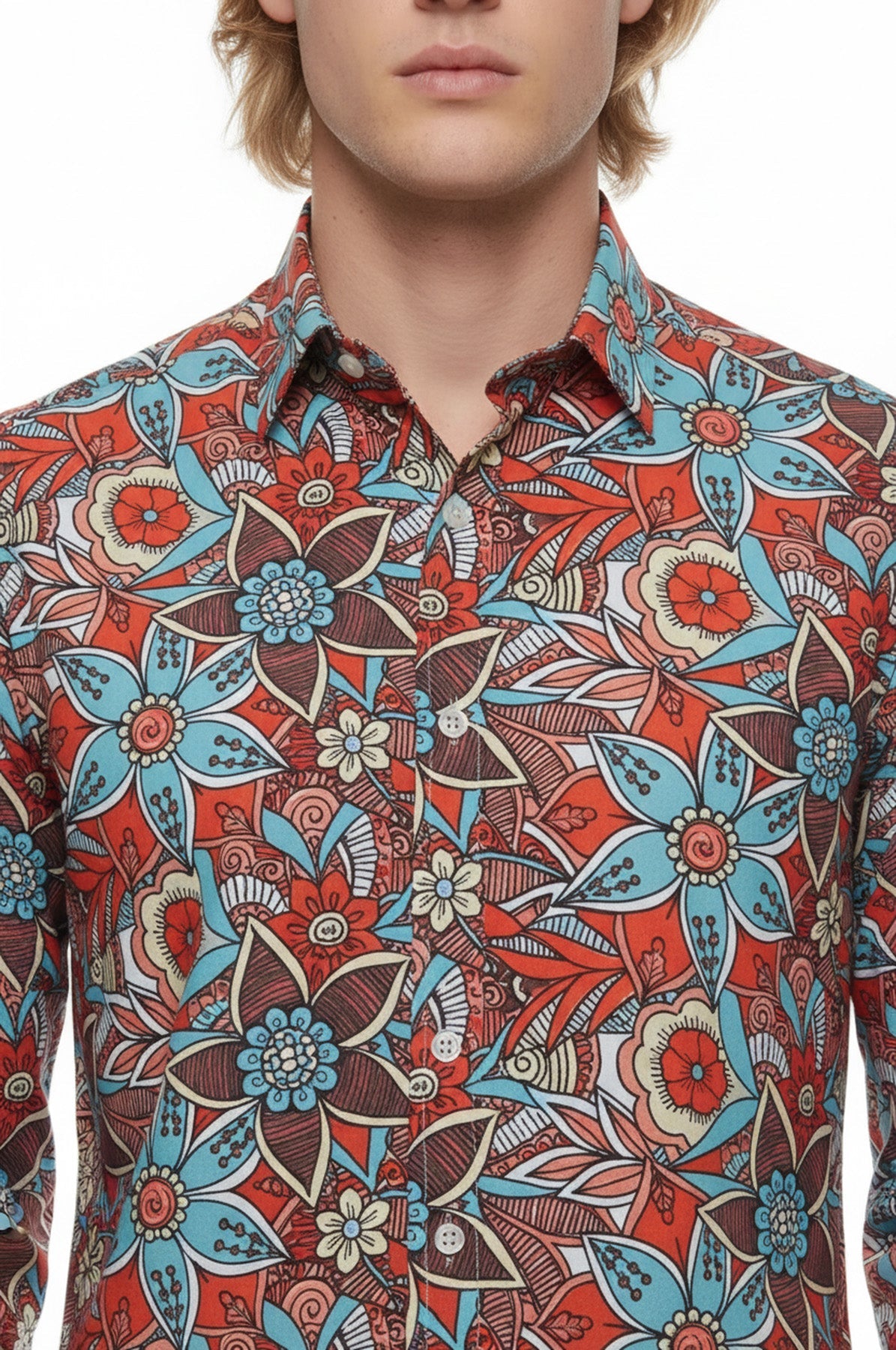 Blue Floral Slim-Fit Long Sleeve Red Men Shirt - Wessi