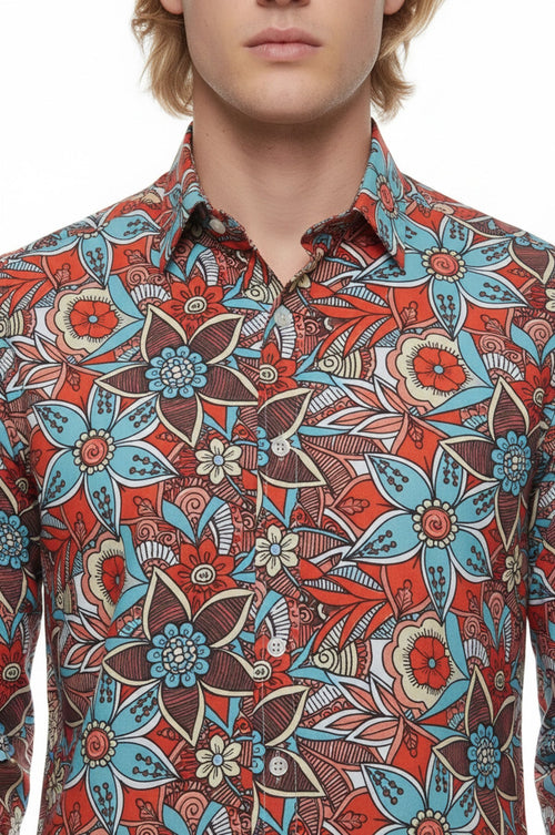 Blue Floral Slim-Fit Long Sleeve Red Men Shirt - Wessi