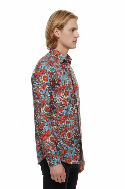 Blue Floral Slim-Fit Long Sleeve Red Men Shirt - Wessi