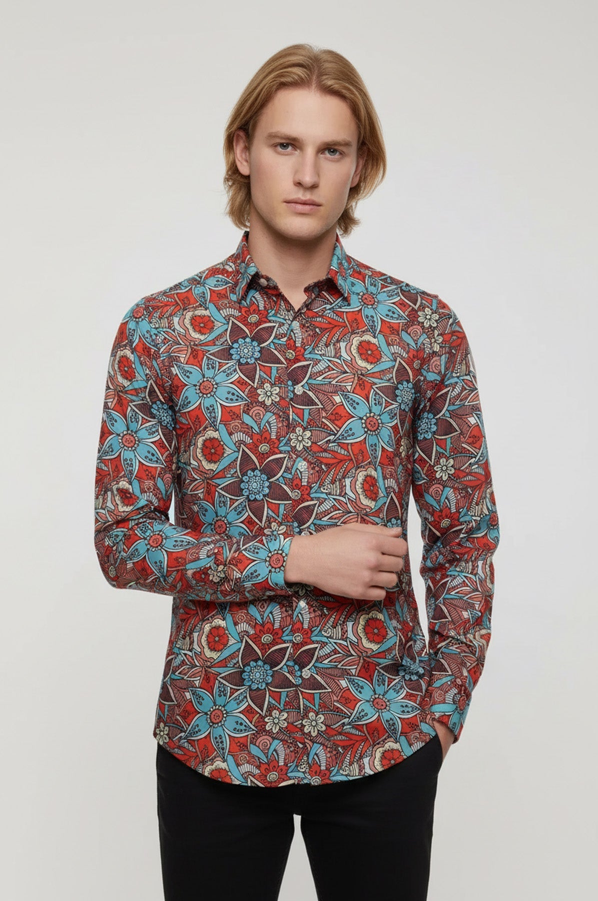 Blue Floral Slim-Fit Long Sleeve Red Men Shirt - Wessi