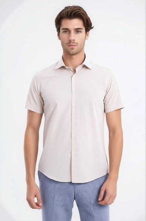 Short Sleeves Poly Cotton Slim Fit Cream Men Shirt - Wessi