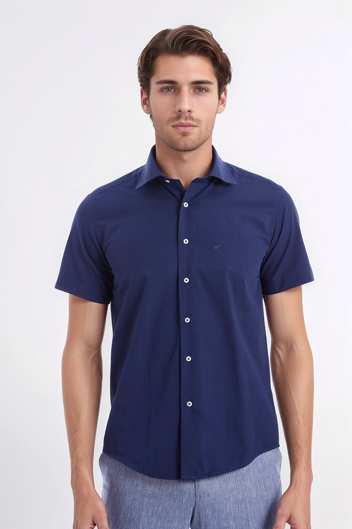 Short Sleeve Poly Cotton Slim Fit Navy Blue Men Shirt - Wessi