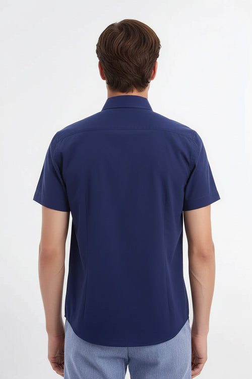 Short Sleeve Poly Cotton Slim Fit Navy Blue Men Shirt - Wessi