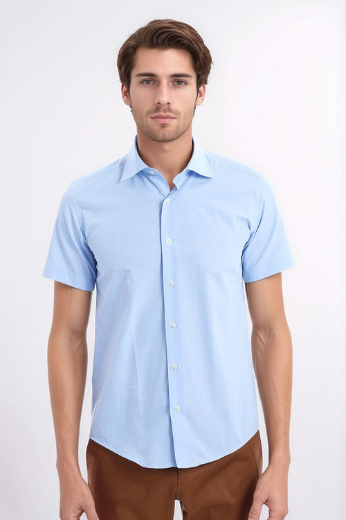 Slim Fit Short Sleeve Poly Cotton Blue Men Shirt - Wessi