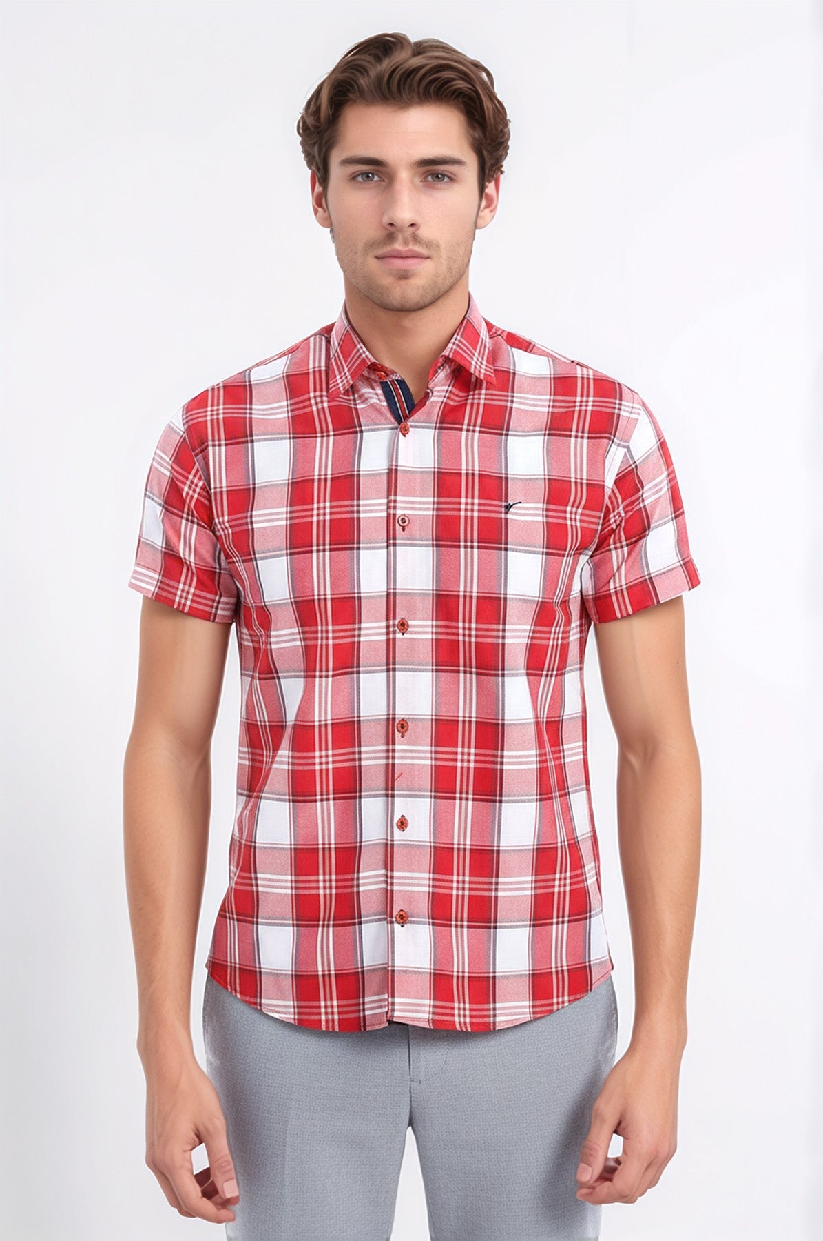 Checked Short Sleeve Burgundy Men Shirt - Wessi