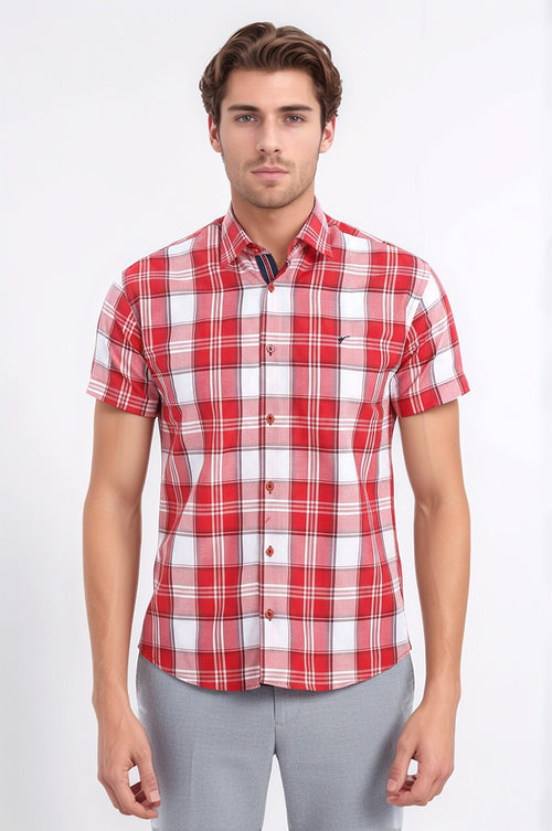 Checked Short Sleeve Burgundy Men Shirt - Wessi