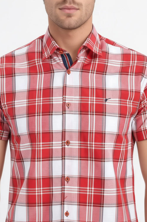 Checked Short Sleeve Burgundy Men Shirt - Wessi