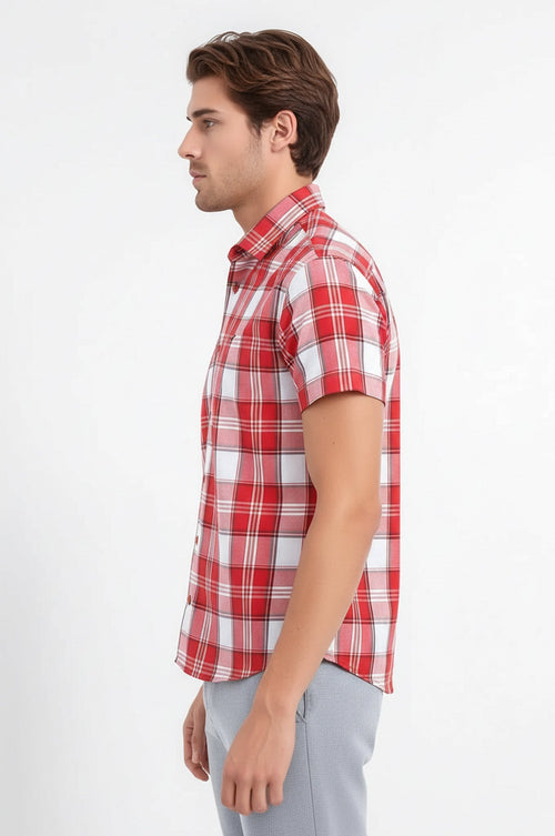 Checked Short Sleeve Burgundy Men Shirt - Wessi