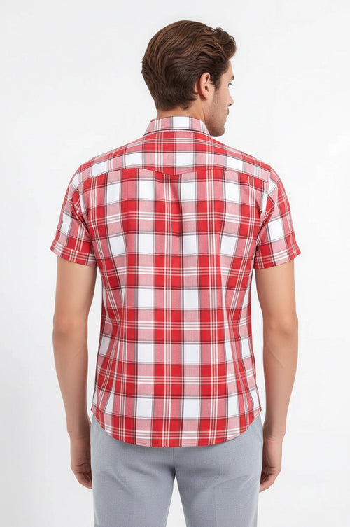 Checked Short Sleeve Burgundy Men Shirt - Wessi