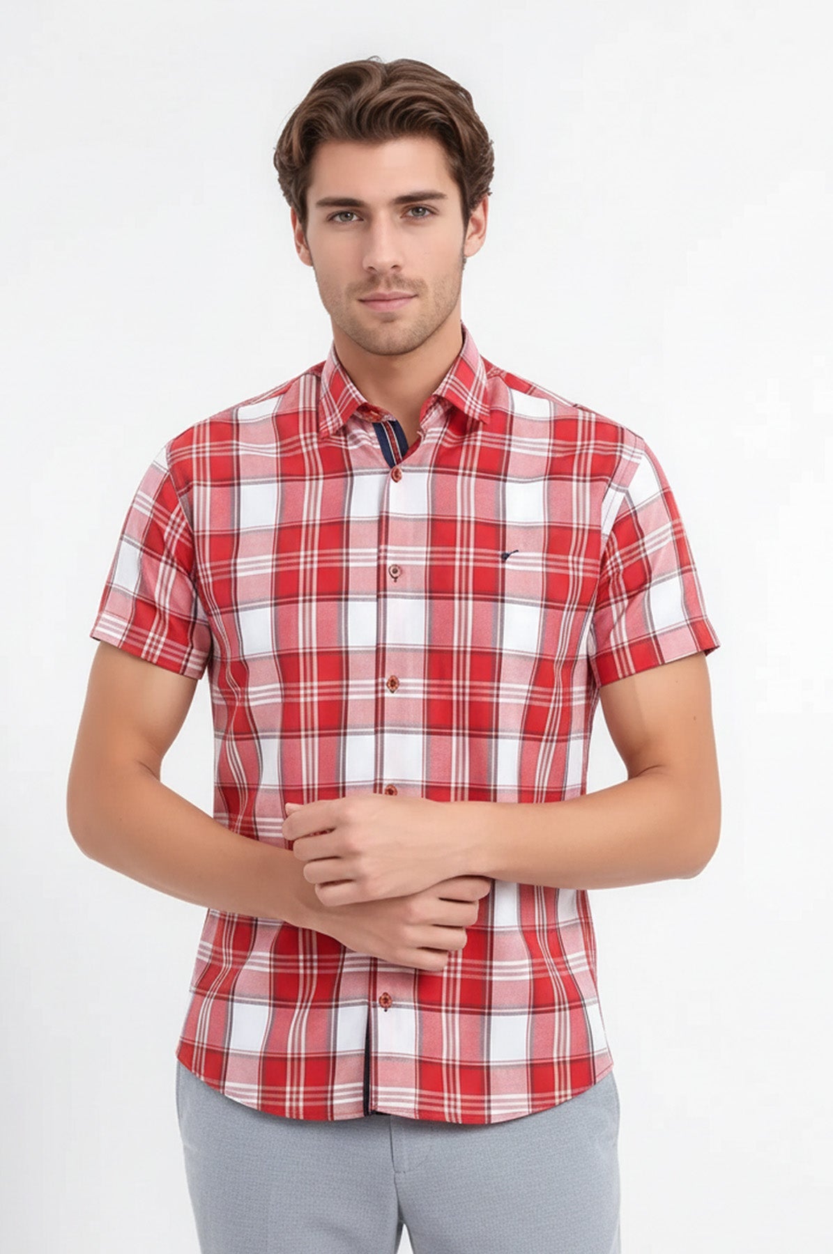 Checked Short Sleeve Burgundy Men Shirt - Wessi