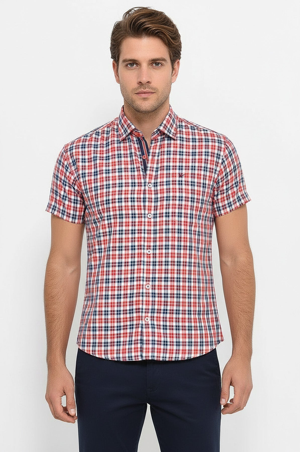 Checked Short Sleeves Navy Blue Men Shirt - Wessi