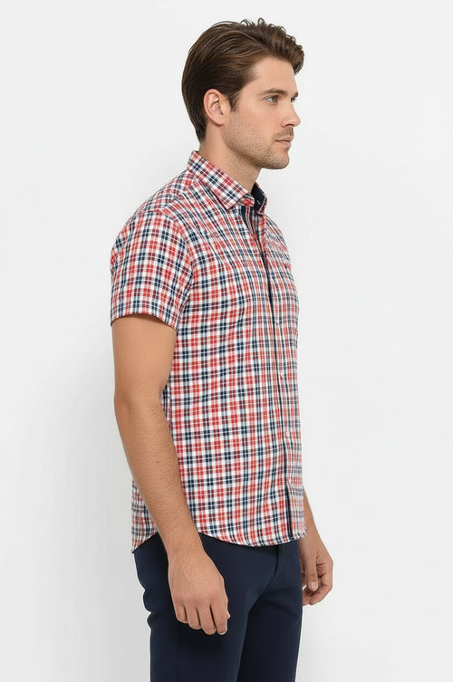 Checked Short Sleeves Navy Blue Men Shirt - Wessi