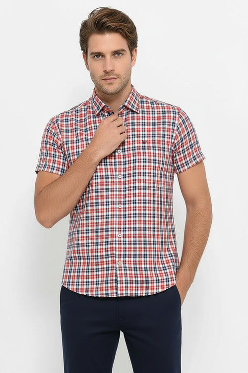 Checked Short Sleeves Navy Blue Men Shirt - Wessi