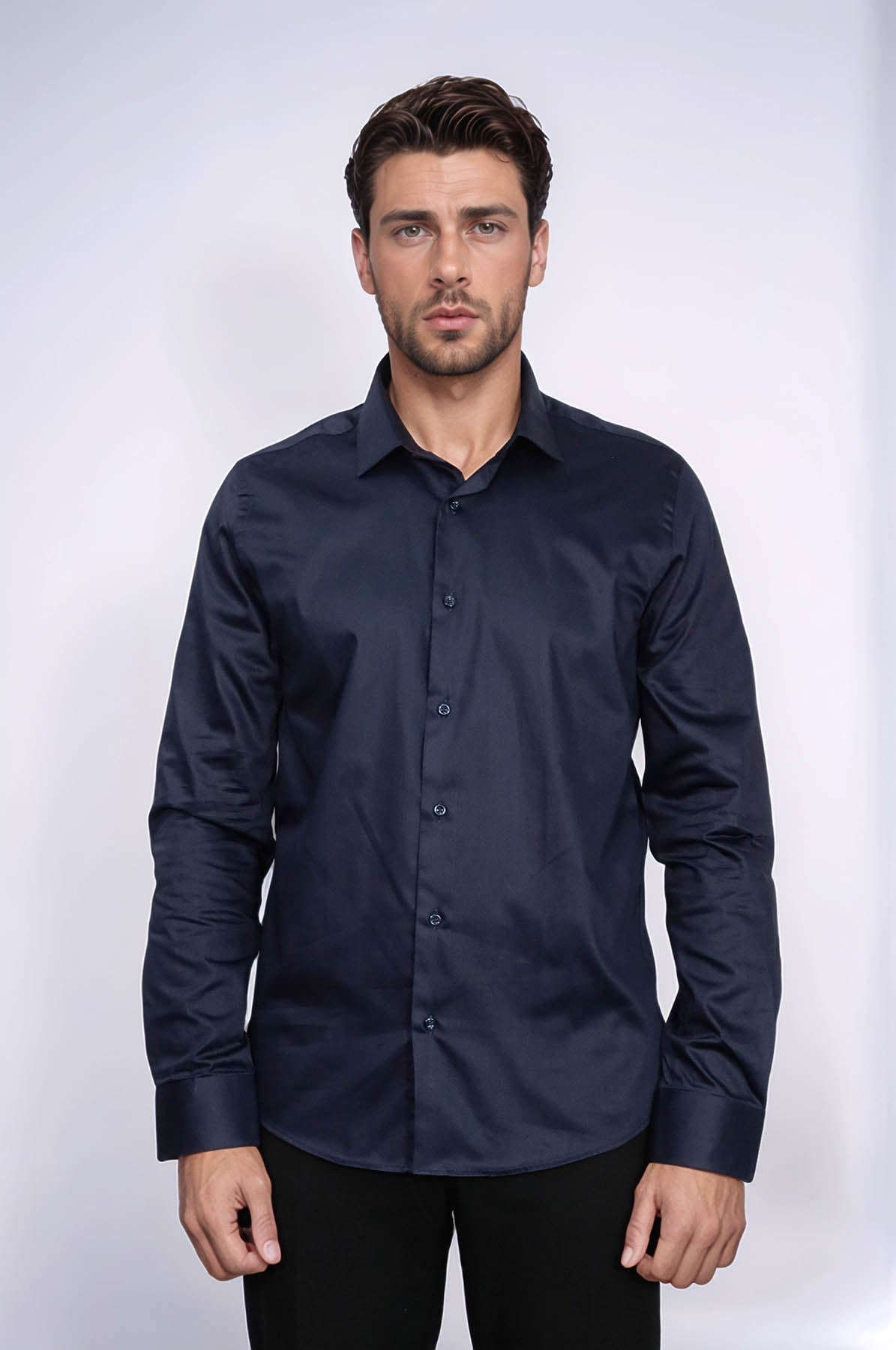 Cotton Satin Slim Fit Long Sleeves Plain Navy Blue Men Shirt - Wessi