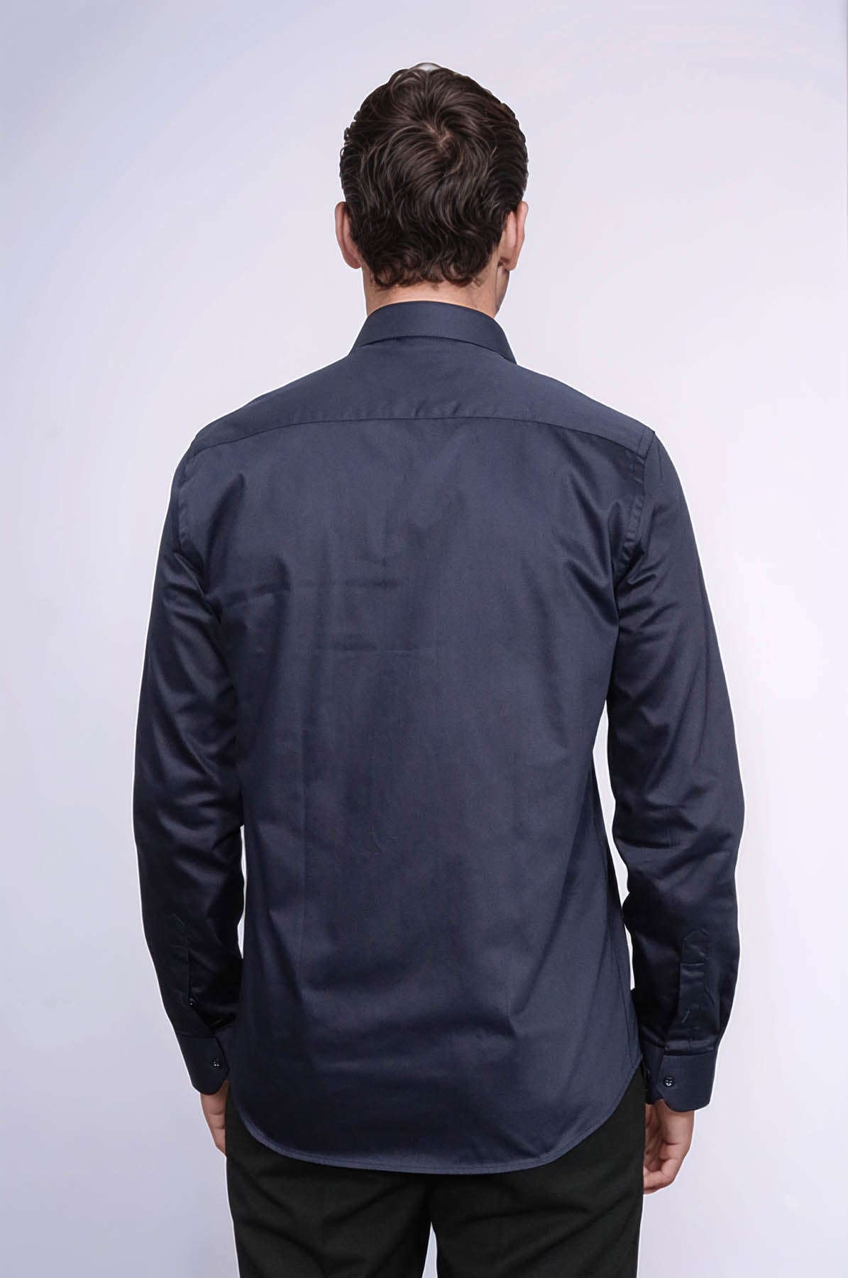 Cotton Satin Slim Fit Long Sleeves Plain Navy Blue Men Shirt - Wessi