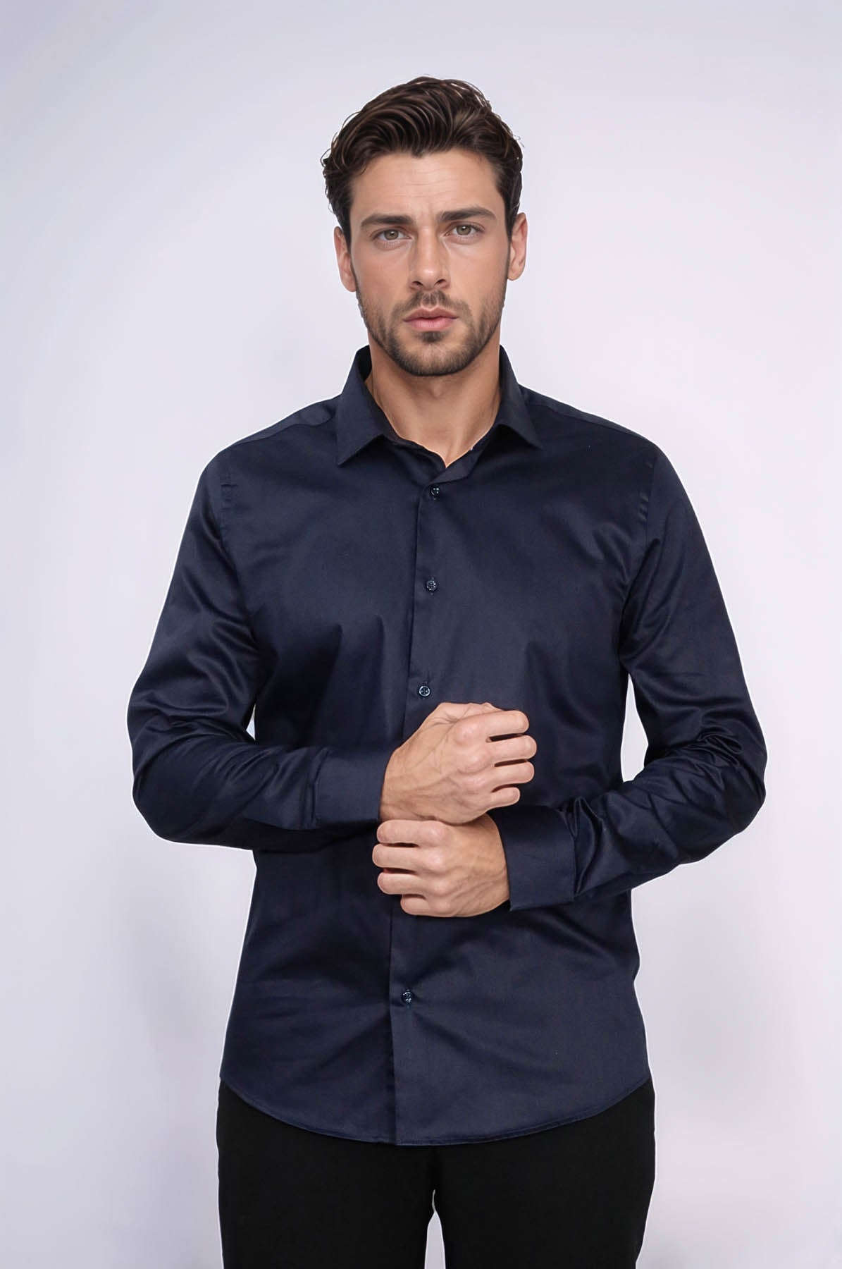 Cotton Satin Slim Fit Long Sleeves Plain Navy Blue Men Shirt - Wessi