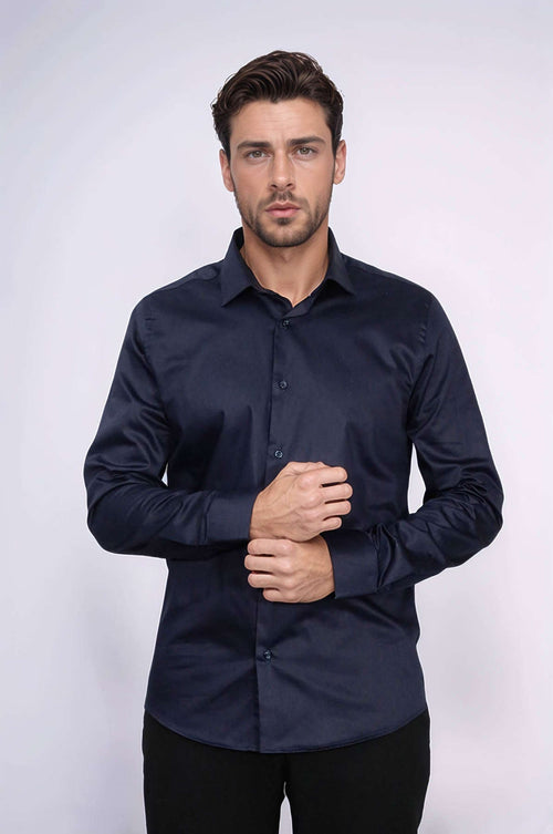 Cotton Satin Slim Fit Long Sleeves Plain Navy Blue Men Shirt - Wessi