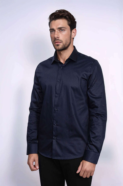 Cotton Satin Slim Fit Long Sleeves Plain Navy Blue Men Shirt - Wessi