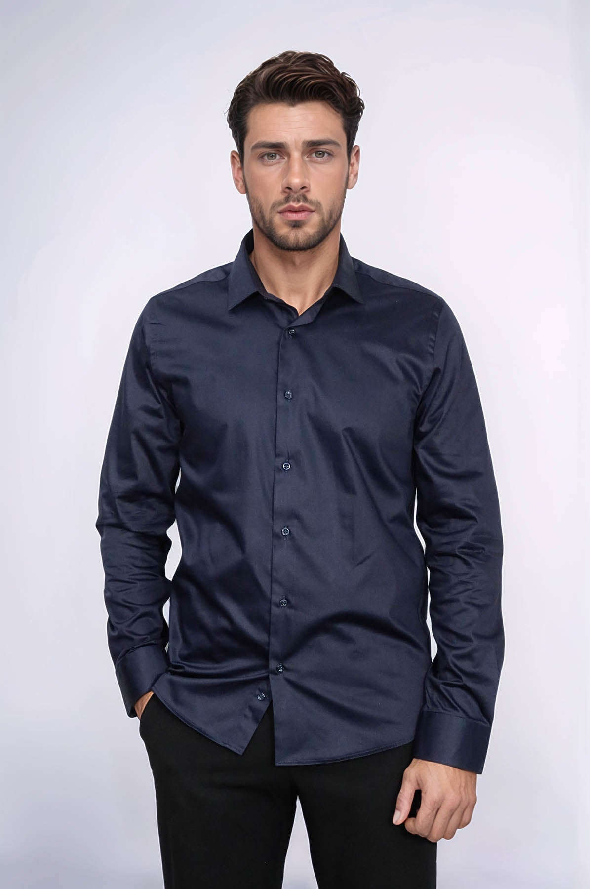 Cotton Satin Slim Fit Long Sleeves Plain Navy Blue Men Shirt - Wessi