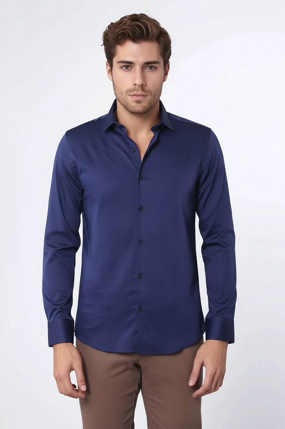 Cotton Satin Slim Fit Navy Blue Men Shirt - Wessi