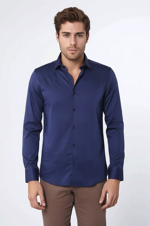Cotton Satin Slim Fit Navy Blue Men Shirt - Wessi