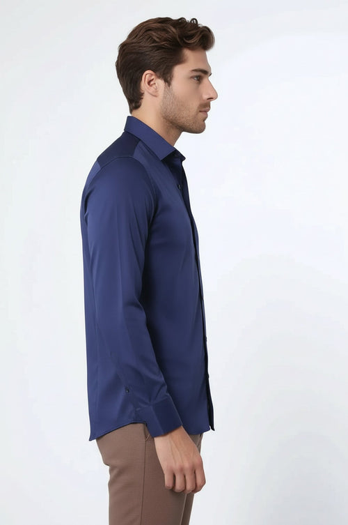 Cotton Satin Slim Fit Navy Blue Men Shirt - Wessi