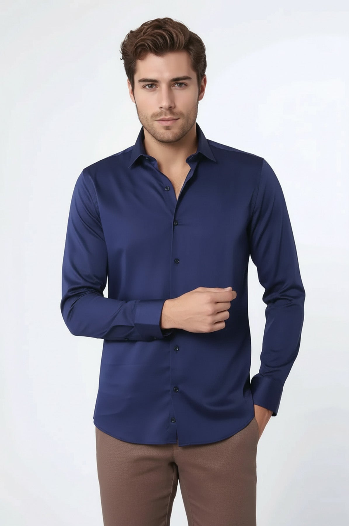 Cotton Satin Slim Fit Navy Blue Men Shirt - Wessi
