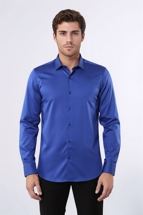 Cotton Satin Slim Fit Blue Men Shirt - Wessi