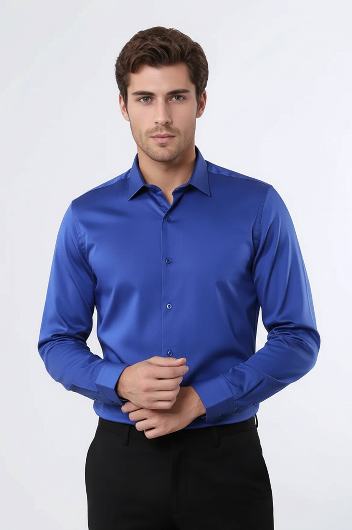 Cotton Satin Slim Fit Blue Men Shirt - Wessi