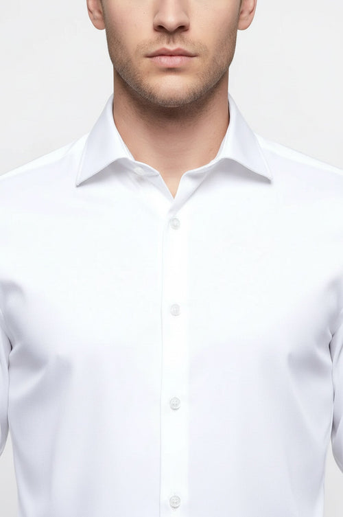 Cotton Satin Plain Slim Fit White Men Shirt - Wessi