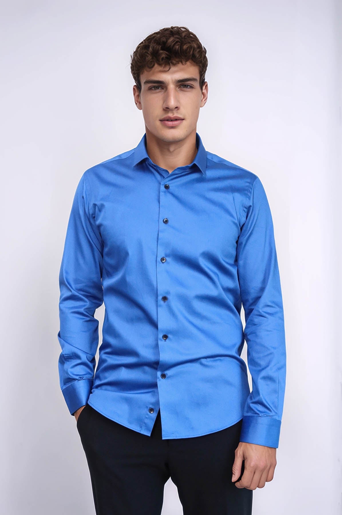 Cotton Satin Slim Fit Blue Men Shirt - Wessi