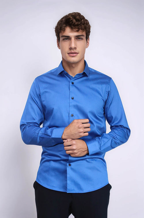 Cotton Satin Slim Fit Blue Men Shirt - Wessi