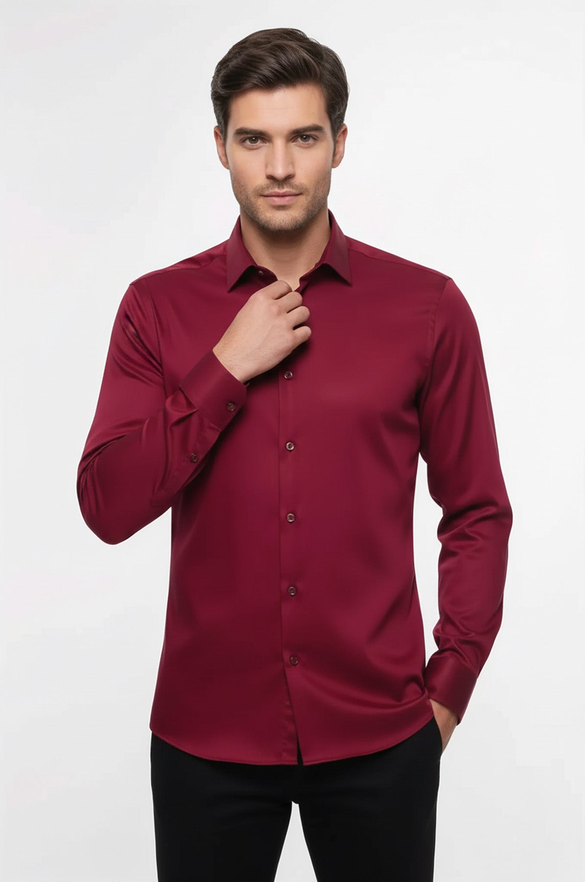 Slim Fit Long Sleeve Burgundy Men Shirt - Wessi