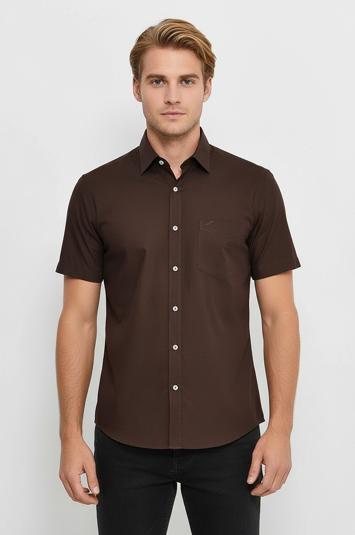 Plain Short Sleeves Brown Men Shirt - Wessi