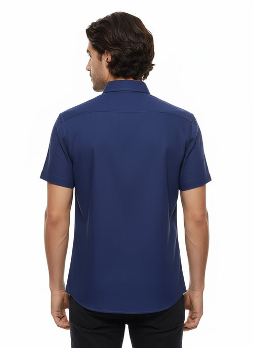 Linen Blend Short Sleeves Navy Blue Men Shirt - Wessi