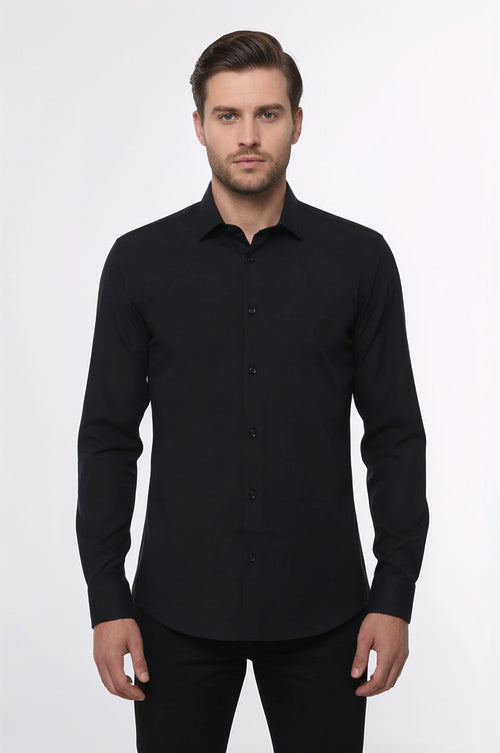 Plain Long Sleeves Regular Fit Black Men Shirt - Wessi
