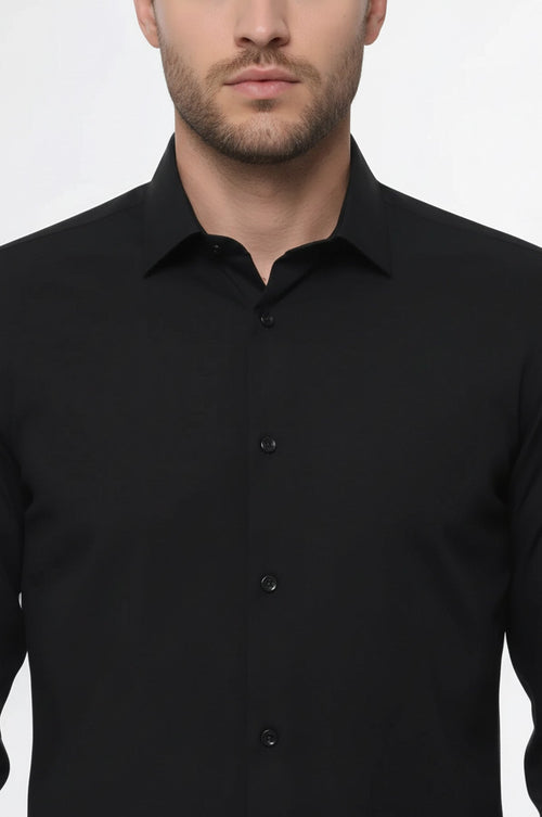 Plain Long Sleeves Regular Fit Black Men Shirt - Wessi