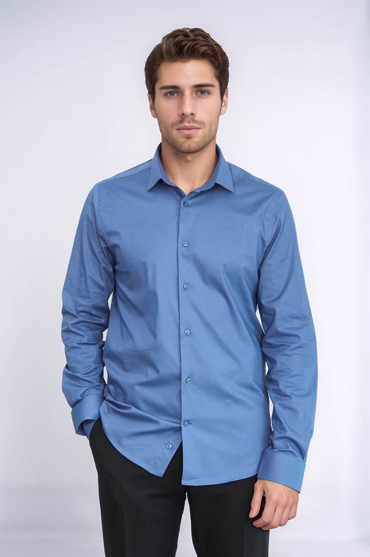 Long Sleeve Slim-Fit Navy Blue Men Shirt - Wessi