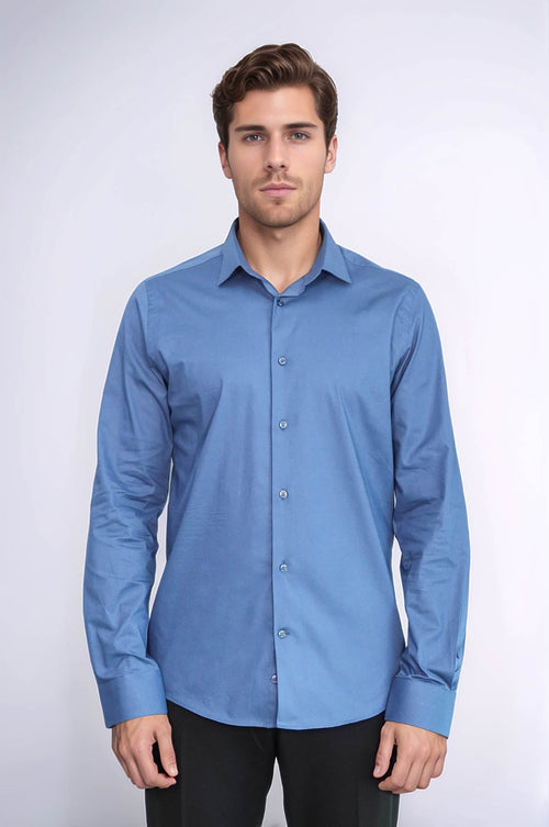Long Sleeve Slim-Fit Navy Blue Men Shirt - Wessi