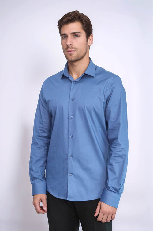 Long Sleeve Slim-Fit Navy Blue Men Shirt - Wessi