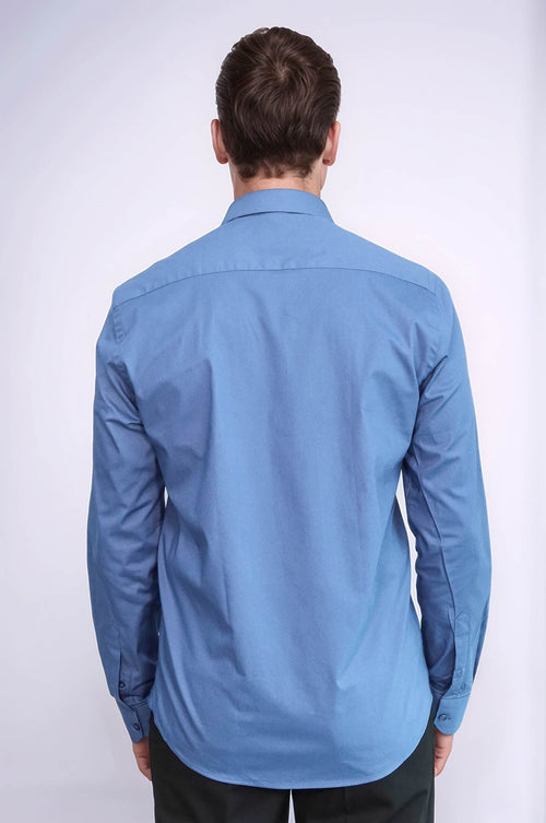 Long Sleeve Slim-Fit Navy Blue Men Shirt - Wessi