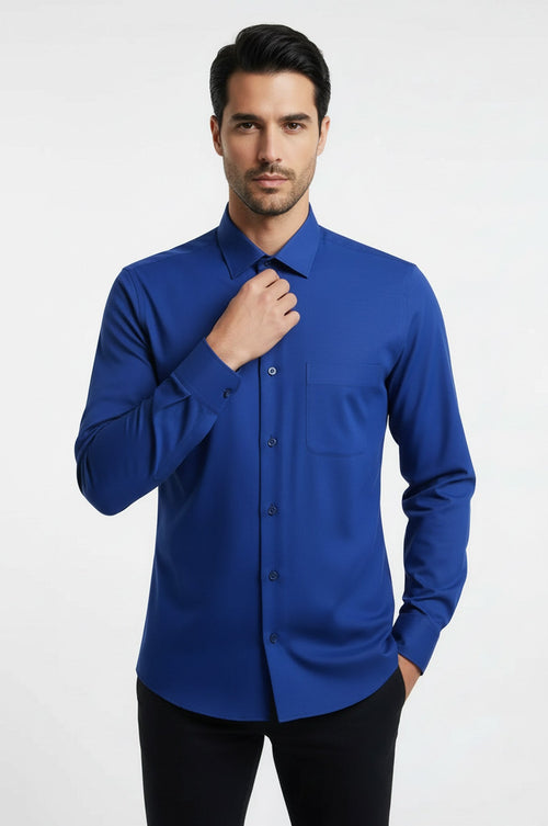 Plain Long Sleeves Indigo Blue Men Shirt - Wessi