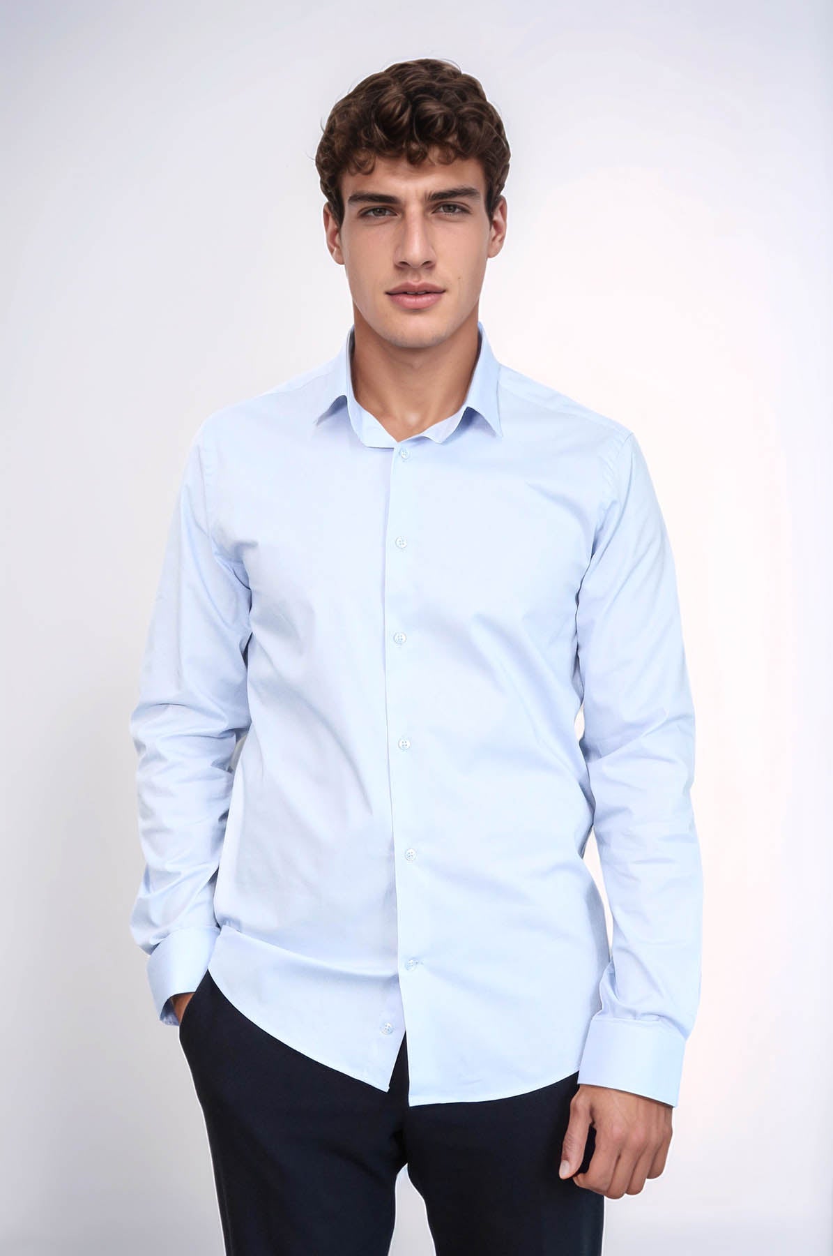 Sky Blue Slim-Fit Long Sleeve Shirt - Wessi