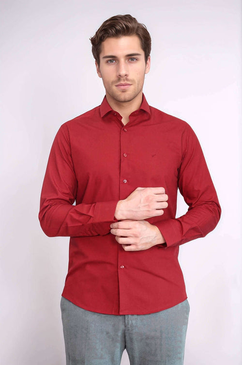 Plain Slim Fit Claret Red Men Shirt - Wessi