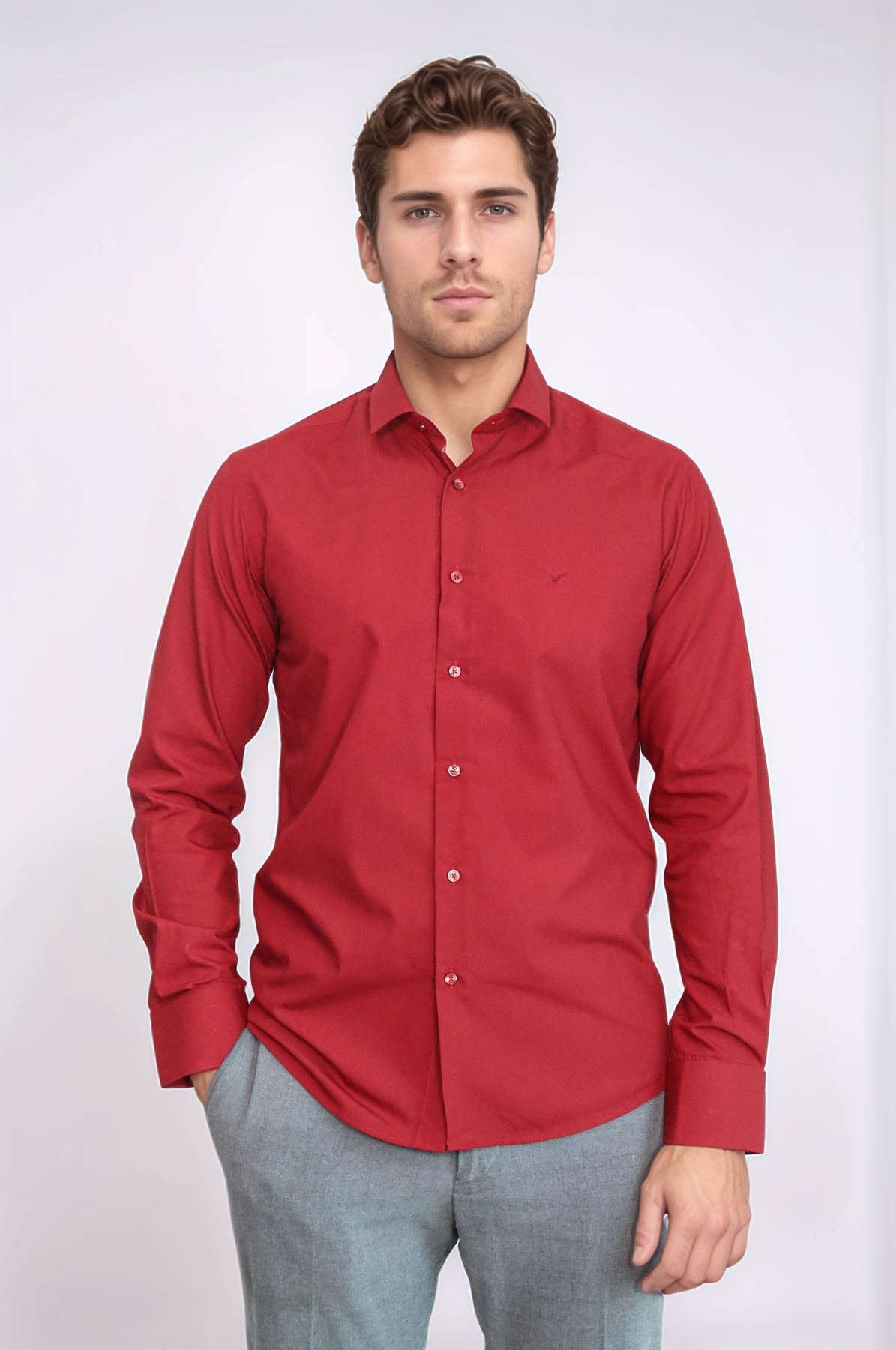 Plain Slim Fit Claret Red Men Shirt - Wessi
